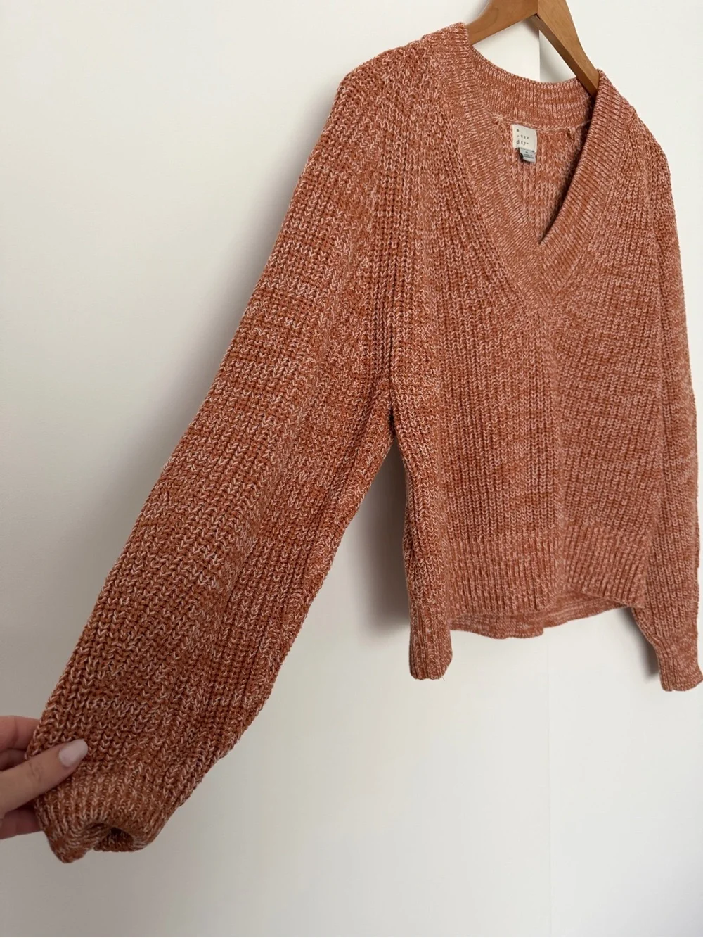 A New Day Chunky Knit V-neck Sweater Oversized Rust Orange Marled Cotton Small